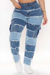 Pacific Coast Patchwork Utility Jeans - Blue Ins Street